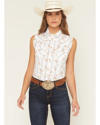 Ely Walker Women's Floral Striped Sleeveless Pearl Snap Western Shirt