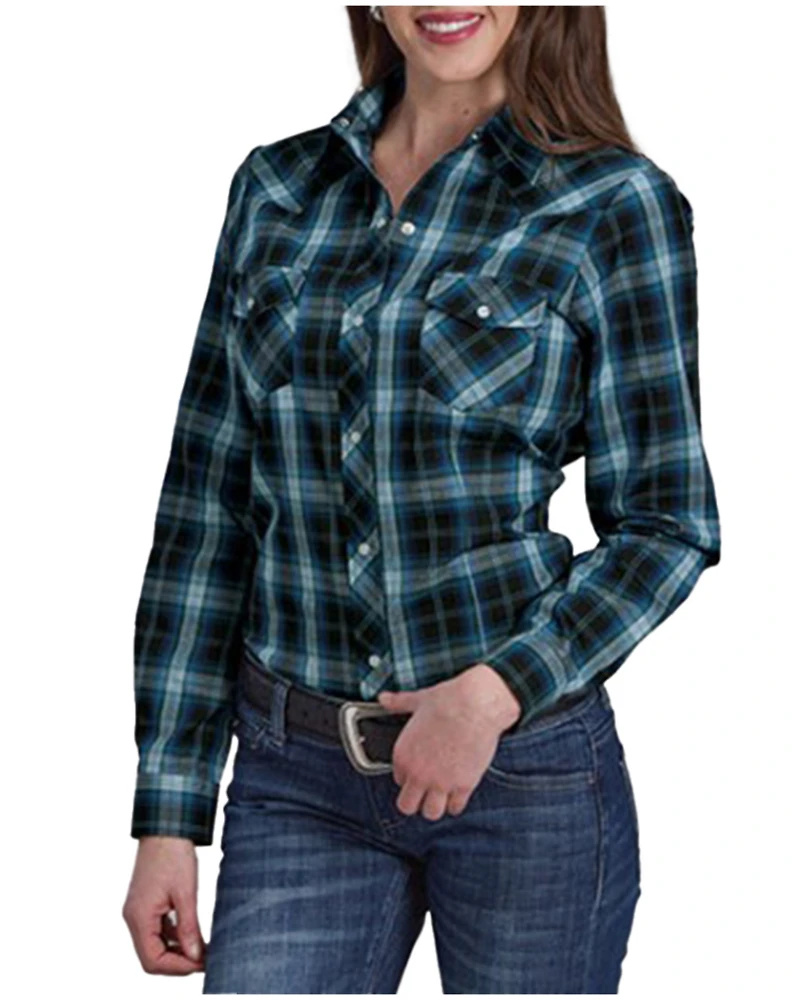 Roper Women's Windowpane Plaid Print Long Sleeve Snap Western Shirt
