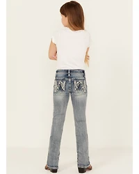Grace LA Girls' Medium Wash Floral Embroidered Bootcut Stretch Denim Jeans