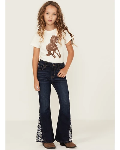 Shyanne Little Girls' Lacey Dark Wash Lace Inset Flare Stretch Denim Jeans