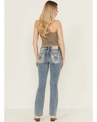 Miss Me Women's Medium Wash Mid Rise Americana Pocket 32" Bootcut Stretch Denim Jeans