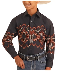 Panhandle Boys' Long Horn Border Print Sleeve Snap Western Shirt