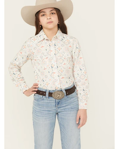Panhandle Slim Girls' Conversation Print Long Sleeve Snap Western Shirt