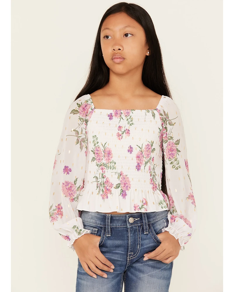 Sugar California Girls' Floral Printed Long Sleeve Smocked Shirt