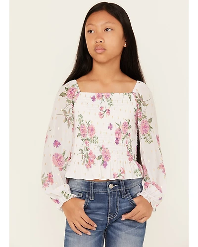 Sugar California Girls' Floral Printed Long Sleeve Smocked Shirt