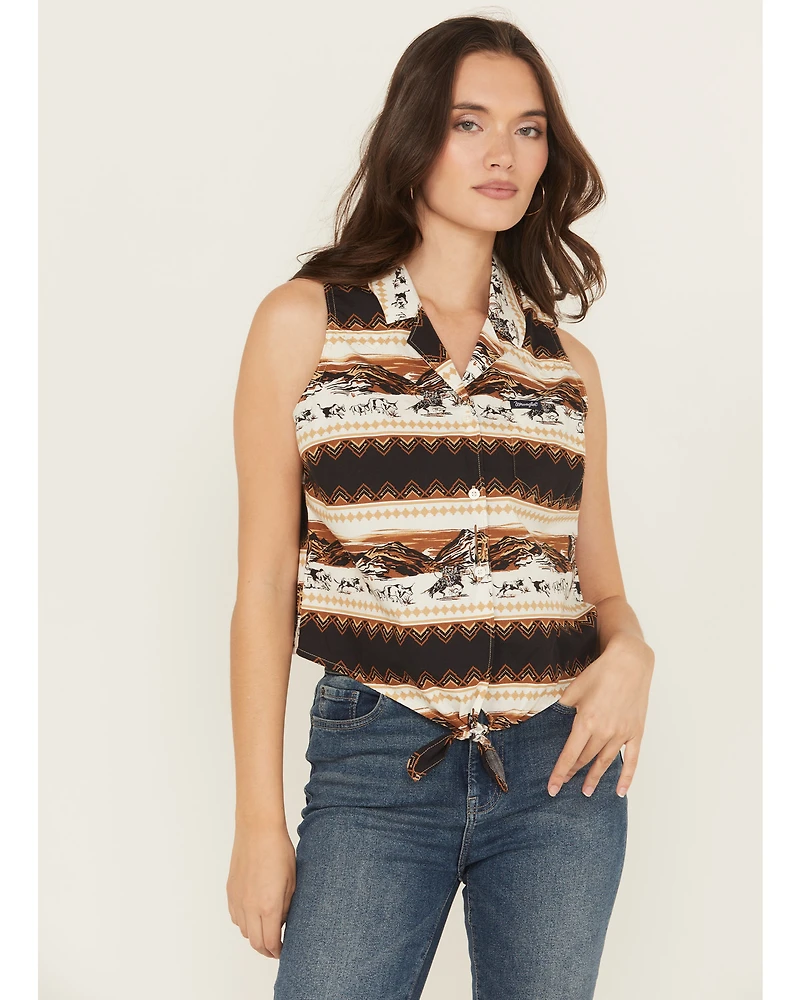 Wrangler Retro Women's Southwestern Print Sleeveless Button-Down Tie-Front Western Shirt