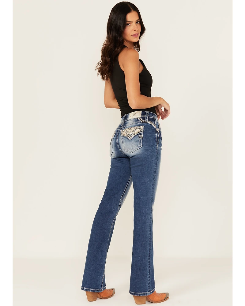 Miss Me Women's Medium Wash Mid Rise Southwestern Print Pocket 32" Bootcut Stretch Denim Jeans