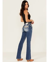 Miss Me Women's Medium Wash Mid Rise Southwestern Print Pocket 32" Bootcut Stretch Denim Jeans