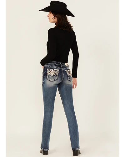 Grace LA Women's Medium Wash Geo Print Embroidered Mid Rise Bootcut Stretch Denim Jeans
