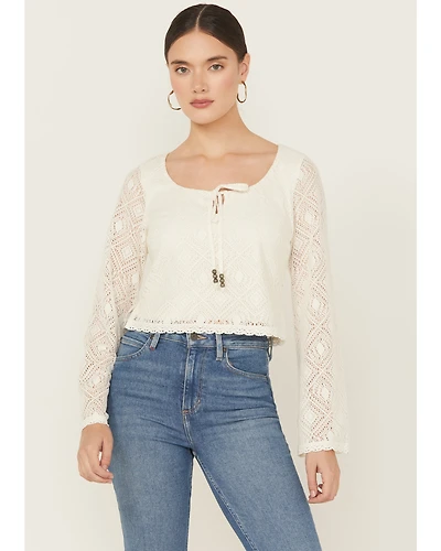 Idyllwind Women's Lacey Scoop Neck Bell Sleeve Crochet Top