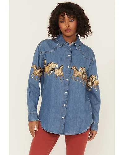 Wrangler Retro Women's Medium Wash Running Horse Denim Long Sleeve Snap Western Shirt
