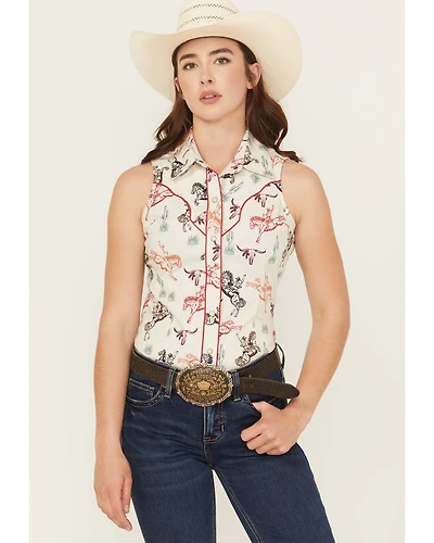 Rock & Roll Denim Women's Western Conversation Print Sleeveless Snap Shirt