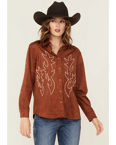 Blue B Women's Western Embroidered Faux Suede Long Sleeve Snap Shirt