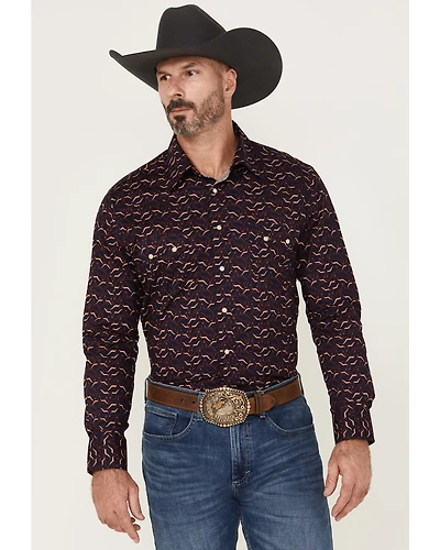 Rock & Roll Denim Men's Longhorn Print Long Sleeve Snap Stretch Western Shirt