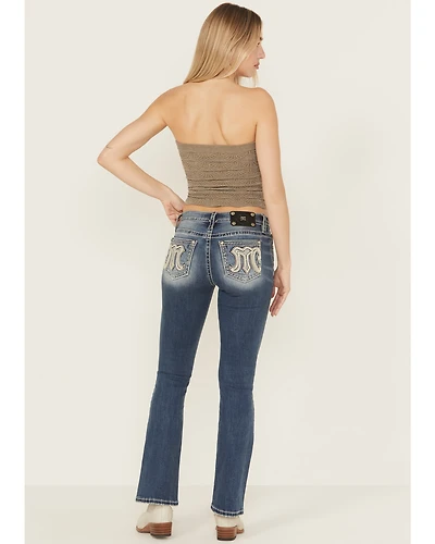Miss Me Women's Medium Wash Mid Rise Embroidered 32" Bootcut Stretch Denim Jeans
