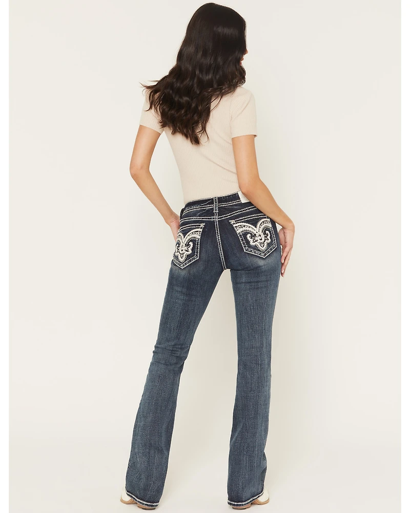 Grace LA Women's Medium Wash Mid Rise Embellished Bootcut Stretch Denim Jeans