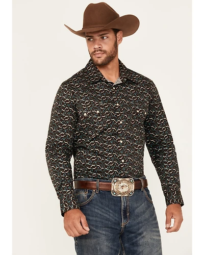 Rock & Roll Denim Men's Long Horn Print Sleeve Snap Stretch Western Shirt