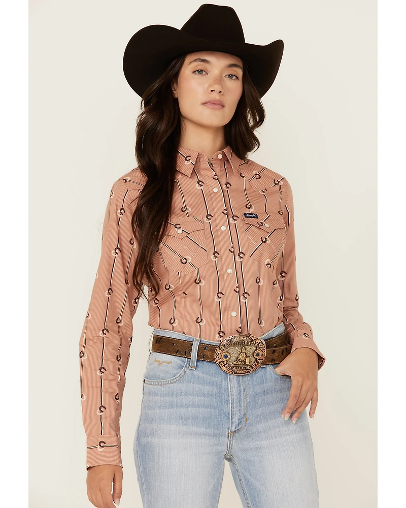 Wrangler Retro Women's Horseshoe Striped Print Long Sleeve Snap Western Shirt