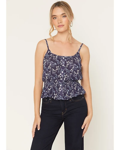 Rock & Roll Denim Women's Running Horses Sleeveless Button-Down Tank Top
