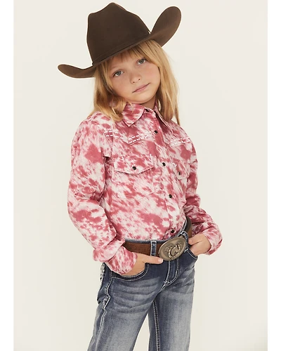 Cowgirl Hardware Girls' Cowhide Print Long Sleeve Snap Stretch Western Shirt