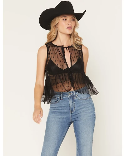 Originality Women's Lace Tie-Front Sleeveless Ruffle Top