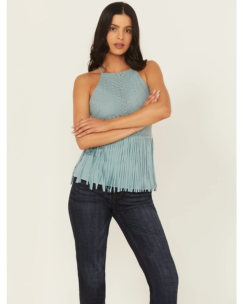 Shyanne Women's Stretch Lace Halter Fringe Tank