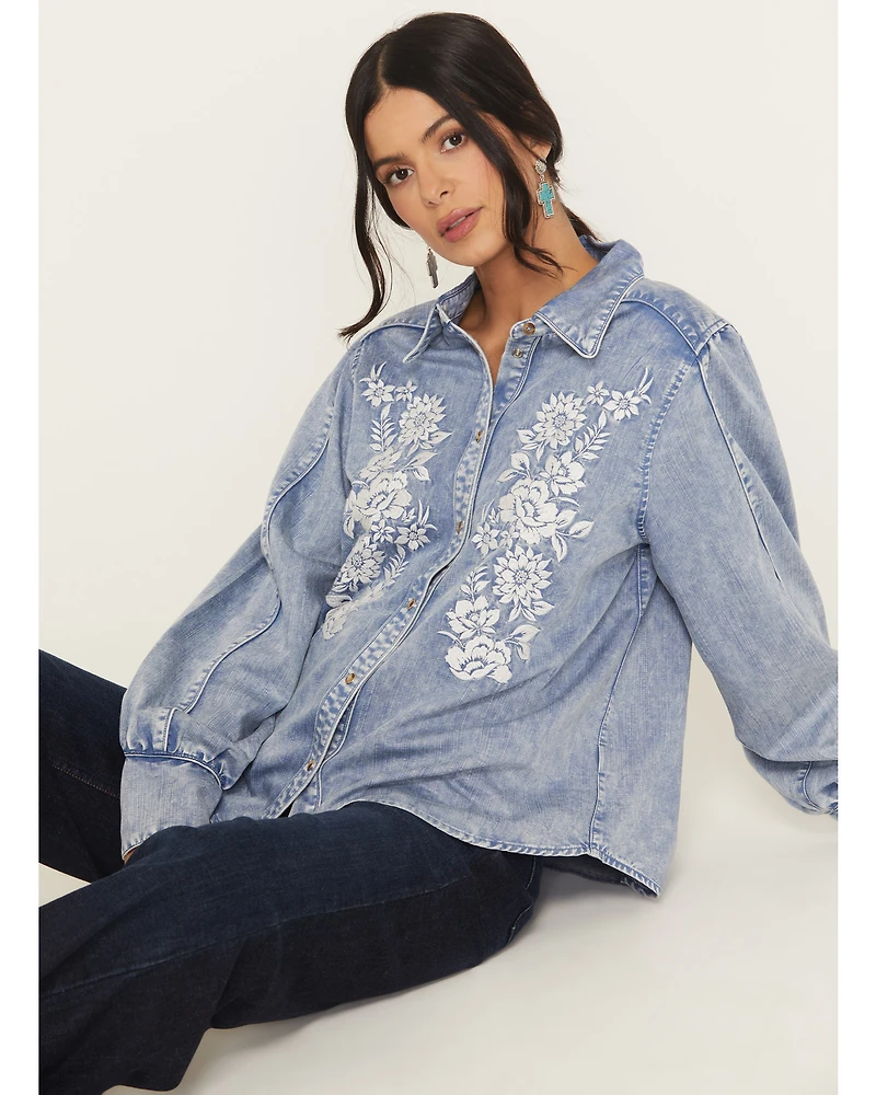 Kimes Ranch Women's Mae Floral Embroidered Long Sleeve Snap Relaxed Fit Western Shirt