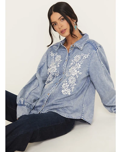 Kimes Ranch Women's Mae Floral Embroidered Long Sleeve Snap Relaxed Fit Western Shirt