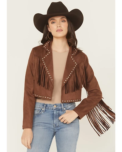 Saints & Hearts Women's Faux Suede Studded Fringe Cropped Jacket