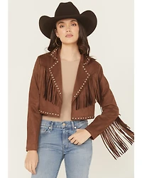 Saints & Hearts Women's Faux Suede Studded Fringe Cropped Jacket