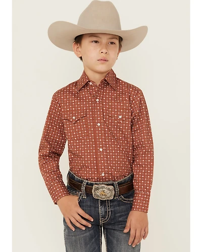Ely Walker Boys' Geo Print Long Sleeve Snap Stretch Western Shirt