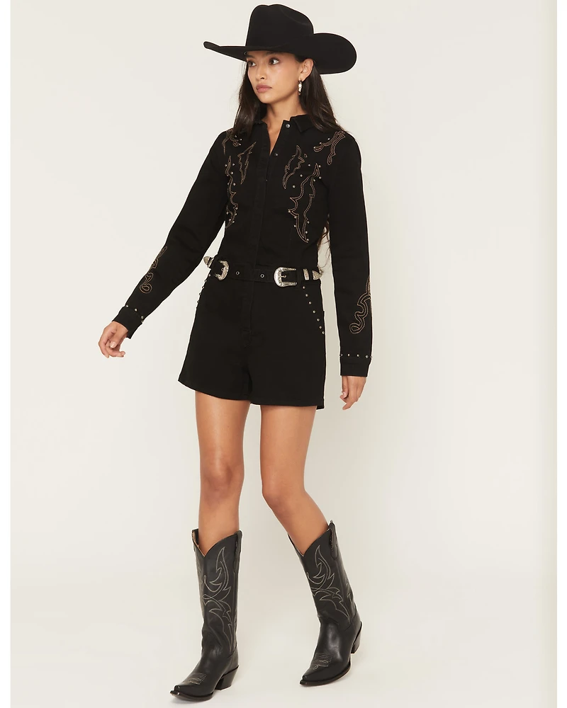 Rock & Roll Denim Women's Western Embroidered Long Sleeve Snap Romper