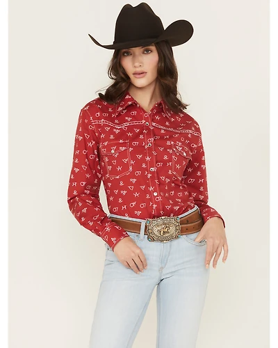 Cowgirl Hardware Women's Branding Print Long Sleeve Rhinestone Snap Stretch Western Shirt