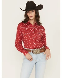 Cowgirl Hardware Women's Branding Print Long Sleeve Rhinestone Snap Stretch Western Shirt