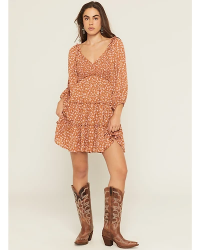 Yura Women's Floral Print Long Sleeve Smocked Mini Dress
