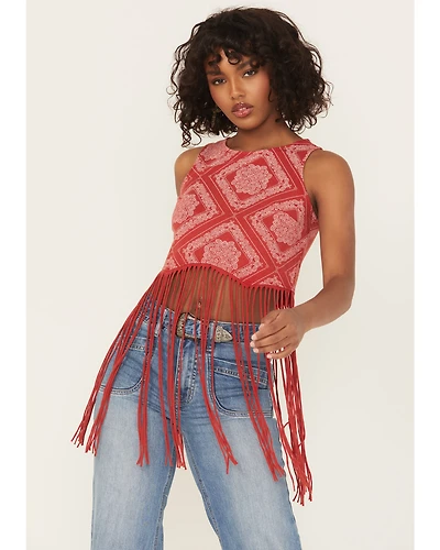 Rock & Roll Denim Women's Bandana Print Fringe Tank Top
