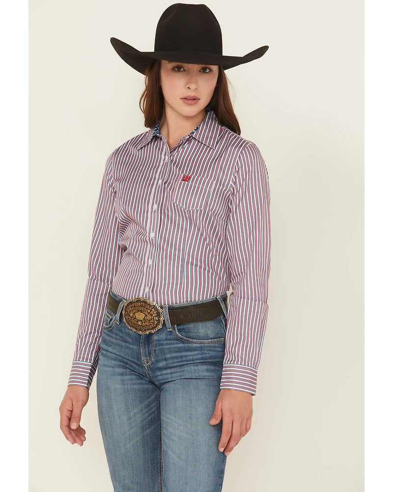 Cinch Women's Striped Print Long Sleeve Button-Down Shirt