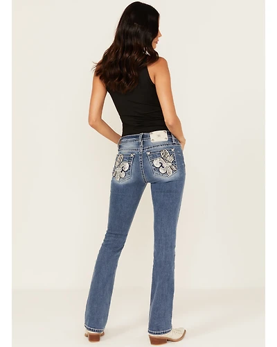 Miss Me Women's Medium Wash Slim Fit Fleur de Lis Pocket 32" Bootcut Stretch Denim Jeans