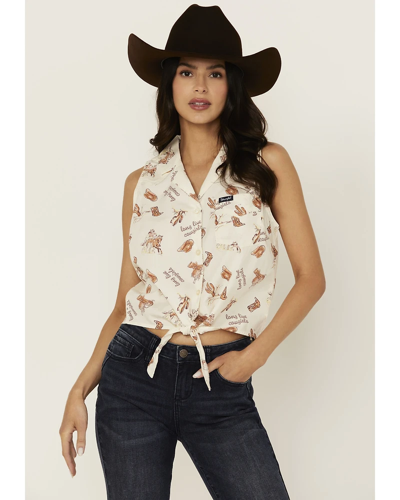Wrangler Women's Conversation Print Sleeveless Tie-Front Shirt