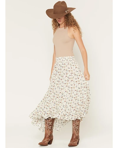 Wild Moss Women's Floral Print High-Low Midi Skirt