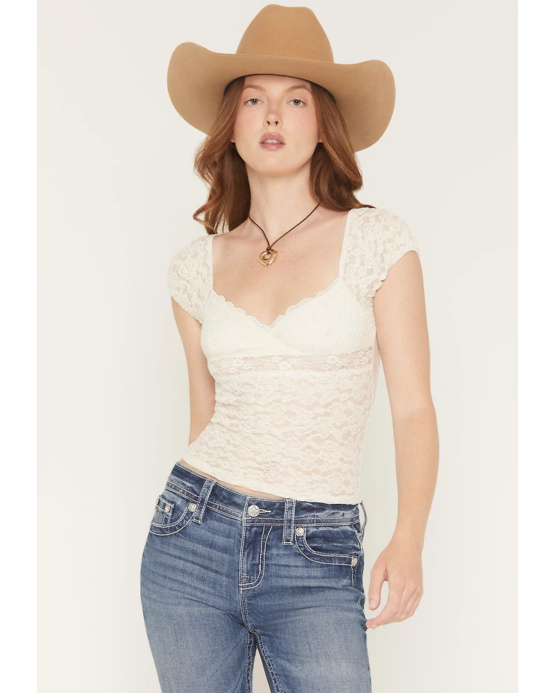 Wild Moss Women's Sheer Lace Short Sleeve Top