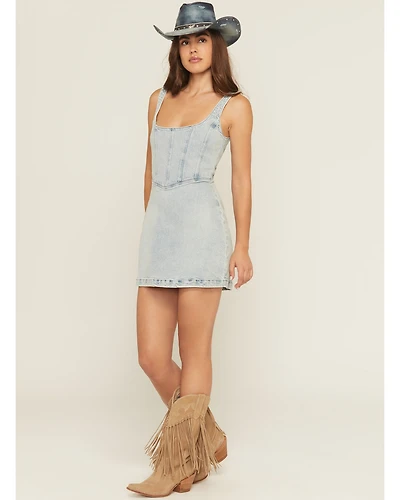 Show Me Your Mumu Women's Light Wash Corset Sleeveless Denim Mini Dress