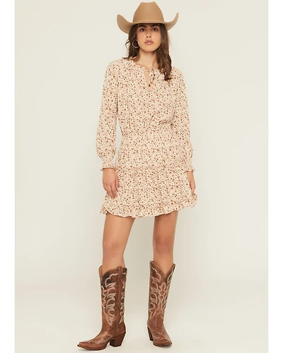 Yura Women's Floral Print Long Sleeve Smocked Mini Dress