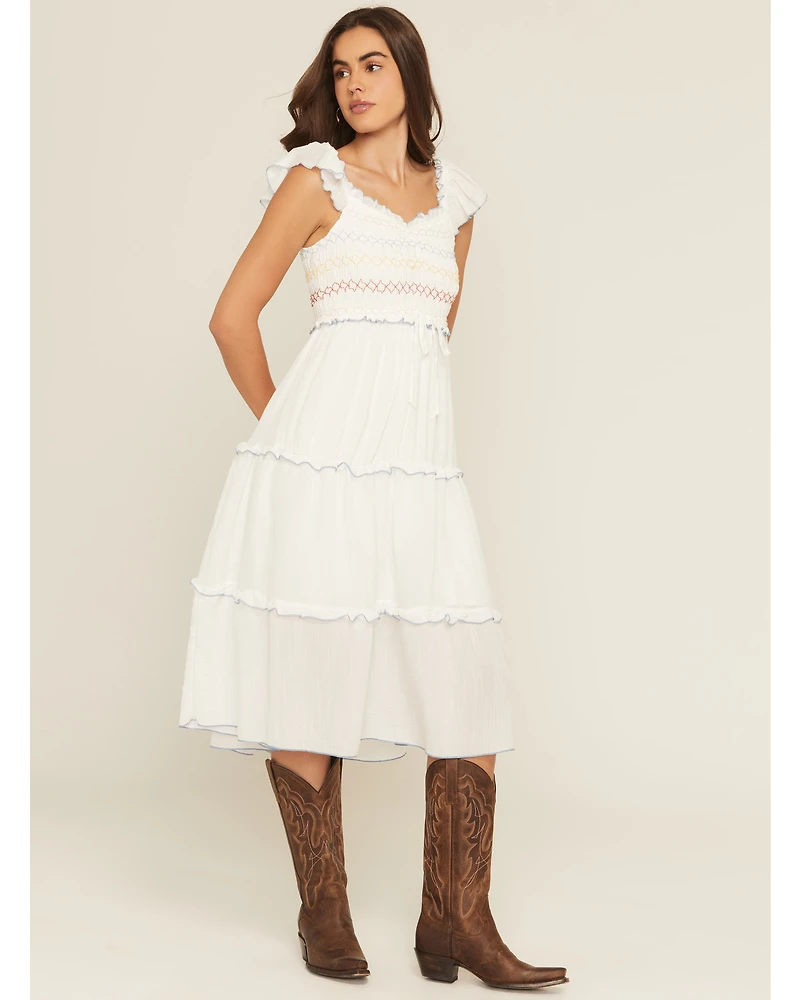Wild Moss Women's Smocked Ruffle Sleeve Midi Dress