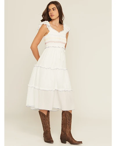Wild Moss Women's Smocked Ruffle Sleeve Midi Dress