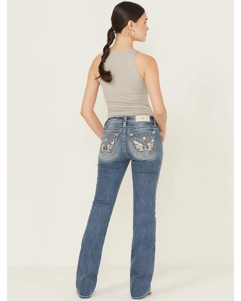 Miss Me Women's Medium Wash Mid Rise Butterfly Pocket 34" Bootcut Stretch Denim Jeans
