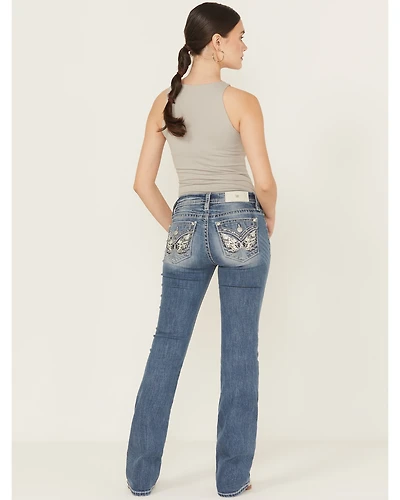 Miss Me Women's Medium Wash Mid Rise Butterfly Pocket 34" Bootcut Stretch Denim Jeans