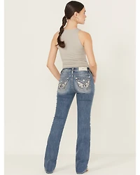 Miss Me Women's Medium Wash Mid Rise Butterfly Pocket 34" Bootcut Stretch Denim Jeans