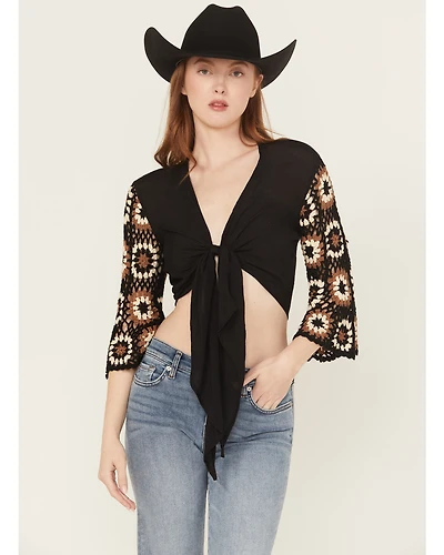 Revel Women's Crochet Tie-Front Long Sleeve Shirt