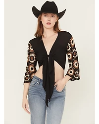 Revel Women's Crochet Tie-Front Long Sleeve Shirt